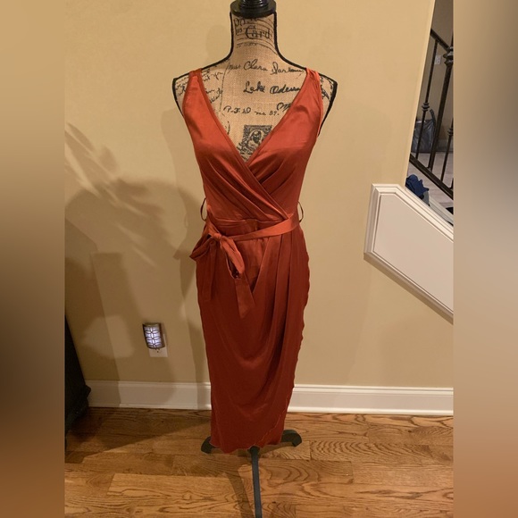 LYANER Satin V Neck Ruched Wrap Tie Waist Slit Hem Cocktail Midi Dress small - Picture 2 of 10